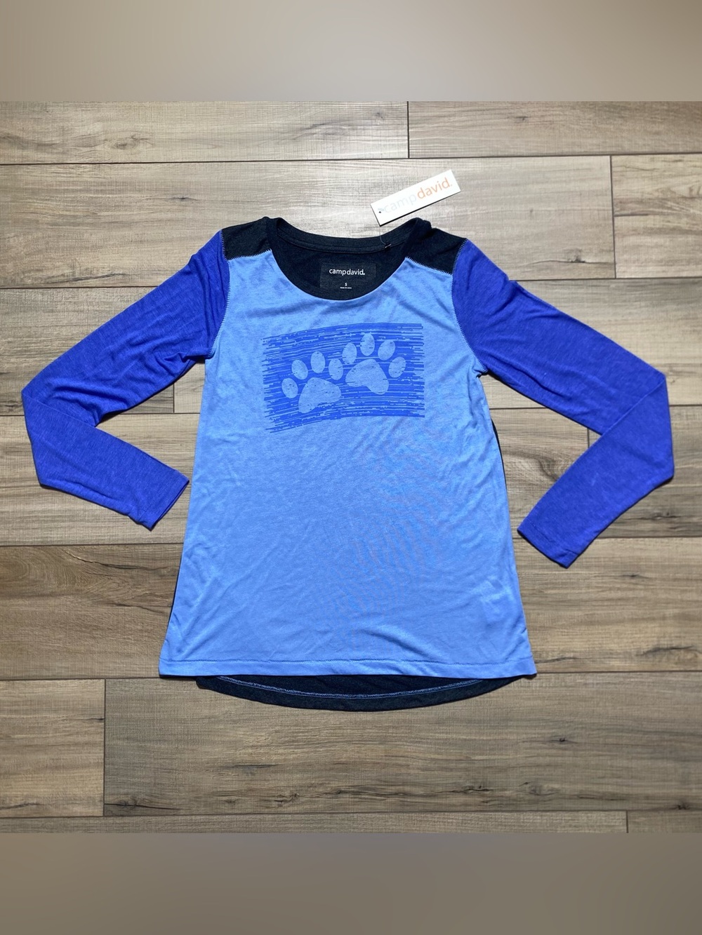 Camp David Womens Paw Print Graphic Long Sleeve Top Size Small Blues & Charcoal